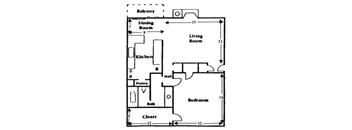A drawing of a house layout with labeled rooms such as kitchen, living room, and bathroom.