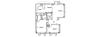 A floor plan of a house with a kitchen, dining room, living room, and two bedrooms.