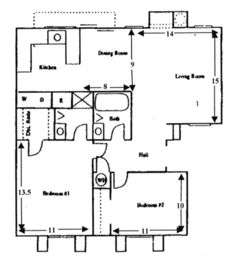 A floor plan of a house with a kitchen, dining room, living room, and two bedrooms.