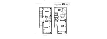 A floor plan of a 900 square foot home with a bedroom, living room, and kitchen.