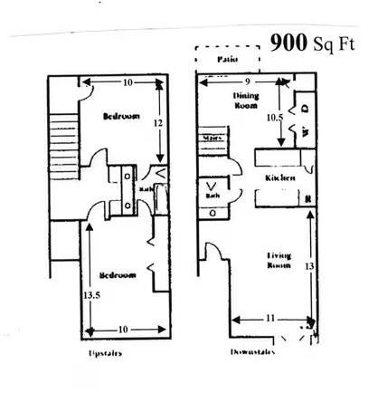 A floor plan of a 900 square foot home with a bedroom, living room, and kitchen.
