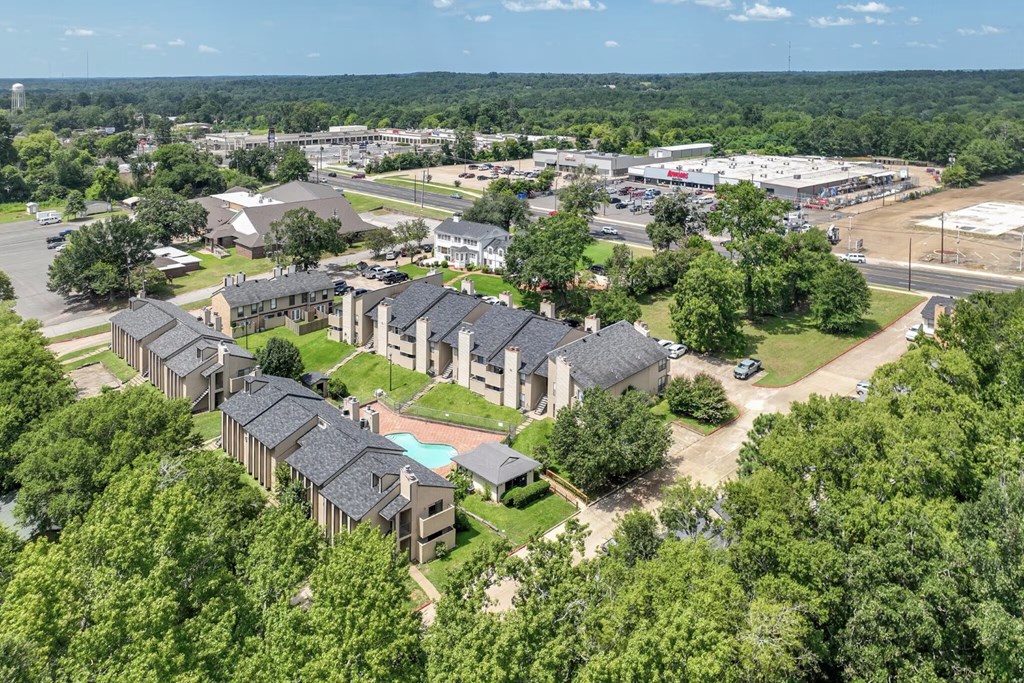 A bird's eye view of a residential area with houses and trees.