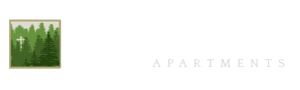The image is a logo for NorthView Apartments, featuring a green forest and a cross.