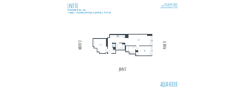 A floor plan for a one bedroom apartment with two bathrooms.