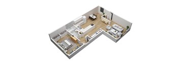 A 3D floor plan of a house with a kitchen, living room, dining room, and bathroom.