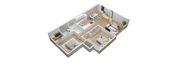 A 3D floor plan of a house with multiple rooms.