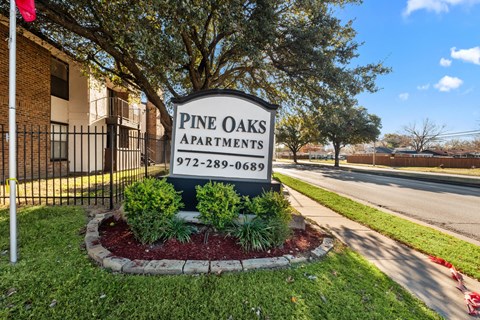 A sign for Pine Oaks Apartments is in front of a tree and a building.