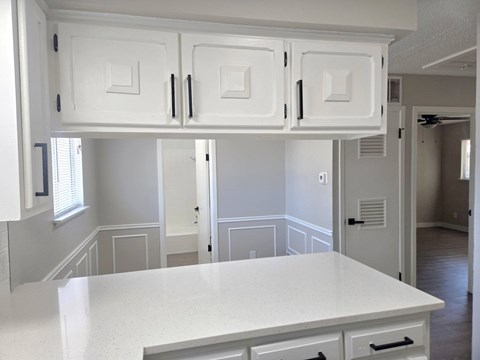 A kitchen with white cabinets and a white countertop.