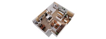 A top-down view of a modern apartment with a living room, kitchen, and bedrooms.