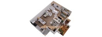 A top-down view of a modern apartment layout with a kitchen, living room, and bedrooms.