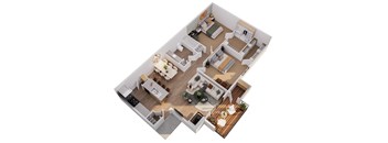 A 3D floor plan of a house with a kitchen, living room, dining room, and bedrooms.