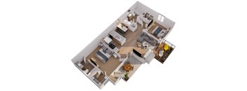 A 3D floor plan of a house with a living room, kitchen, dining room, and two bedrooms.
