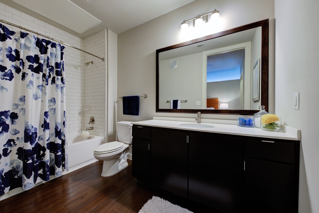 A bathroom with a black vanity and a white toilet.