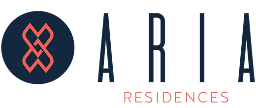 The image features the word "ARIA" in large letters with a unique symbol to the left and the words "RESIDENCES" below it.