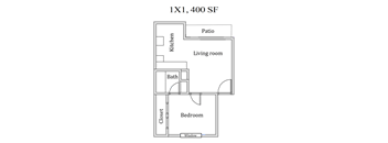 A floor plan of a one bedroom apartment with a living area, kitchen, bath, and closet.