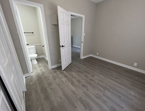 A room with a toilet and a door is shown.