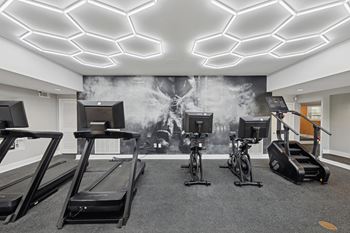 A gym with treadmills, exercise bikes, and a wall mural.