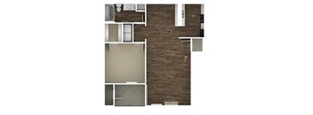 A top down view of a room with a couch, a bed, a table, and a chair.