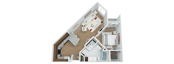 A 3D floor plan of a house with a kitchen, living room, and bathroom.