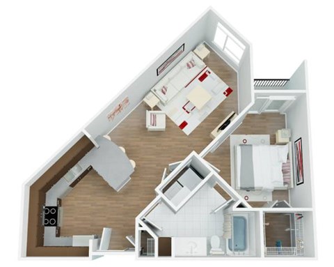 A 3D floor plan of a house with a kitchen, living room, and bathroom.