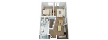 A top down view of a small apartment with a kitchen, living room, and bathroom.