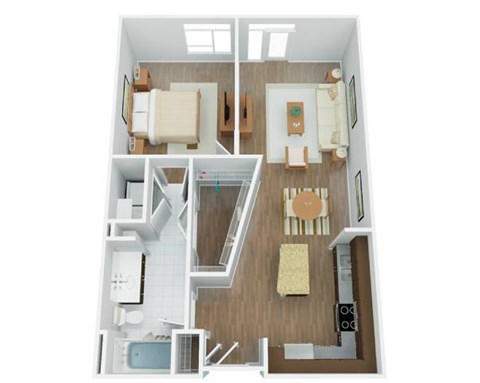A top down view of a small apartment with a kitchen, living room, and bathroom.