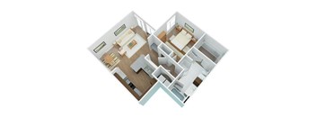 A 3D floor plan of a house with two bedrooms, two bathrooms, a living room, a kitchen, and a dining room.