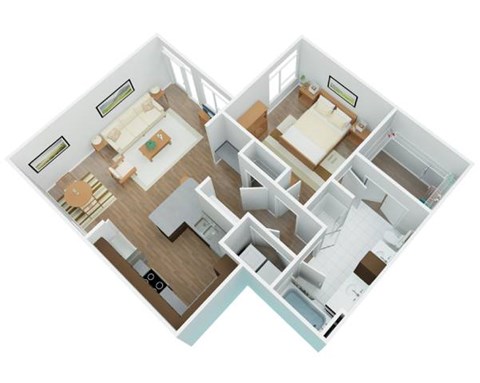 A 3D floor plan of a house with two bedrooms, two bathrooms, a living room, a kitchen, and a dining room.