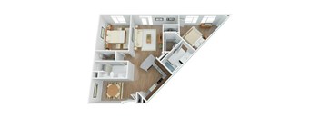 A floor plan of a house with a living room, kitchen, dining room, and two bedrooms.