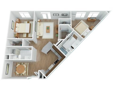 A floor plan of a house with a living room, kitchen, dining room, and two bedrooms.