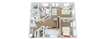 A 3D floor plan of a house with multiple rooms.