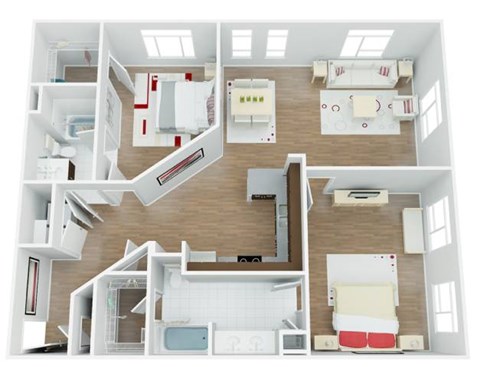 A 3D floor plan of a house with multiple rooms.