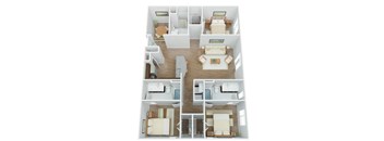 A top-down view of a two-bedroom apartment with a living room, kitchen, and bathroom.