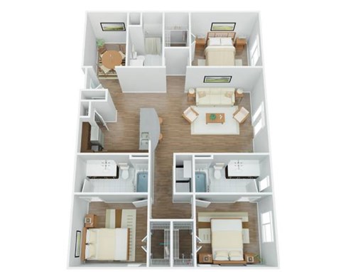 A top-down view of a two-bedroom apartment with a living room, kitchen, and bathroom.