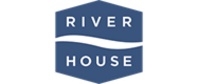 A logo with the words "River House" in white on a blue background with a white line design.