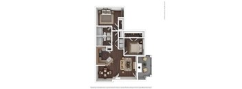 A floor plan of a house with a kitchen, living room, dining room, and two bedrooms.