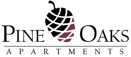 A logo for Pine Oaks Apartments featuring a pine cone.