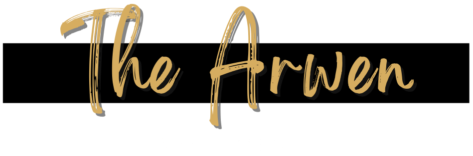 The Arwen apartments logo with gold lettering on a black background.