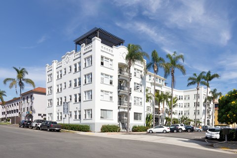 A white building with a black roof and palm trees in front.
