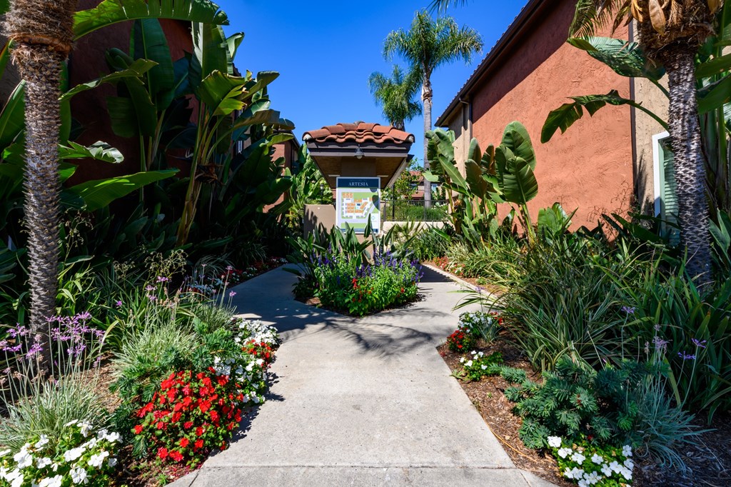 A garden pathway surrounded by plants and flowers.