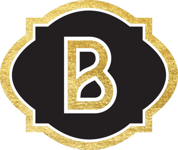 A black and gold logo with a large letter B in the center.