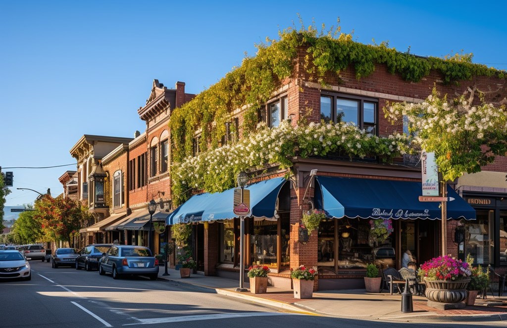 A street view of a small town with a green plant on the wall.