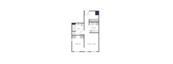 A floor plan of a small apartment with a bedroom, bathroom, and kitchen.