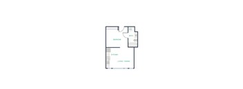 A floor plan of a room with a bedroom, bathroom, kitchen, and living/dining area.