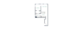 A floor plan of a house with a bedroom, bath, and kitchen.