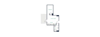 A floor plan of a small apartment with a bedroom, living room, kitchen, and bathroom.