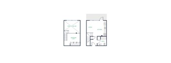 A floor plan of a two-story apartment with a bedroom loft and an open loft space.