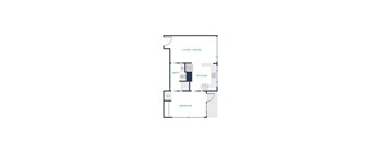 A floor plan of a small apartment with a living/dining area, kitchen, bathroom, and bedroom.