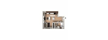 A top-down view of a kitchen with a dining area.