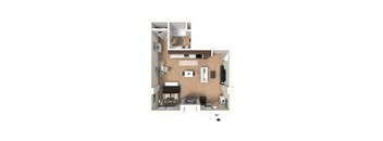 A floor plan of a small apartment with a kitchen, living room, and bathroom.